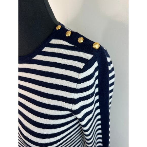 Lauren Ralph Lauren Nautical Silk Blue White Stripe Button 3/4 Sleeve Top Small - Picture 4 of 6